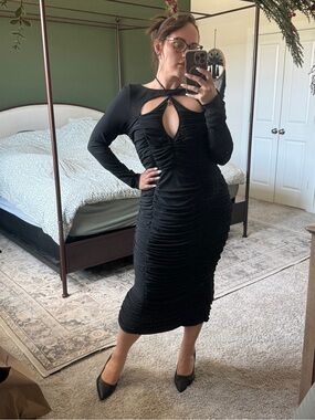 ASOS Black Ruched Long Sleeve Keyhole Midi Dress
